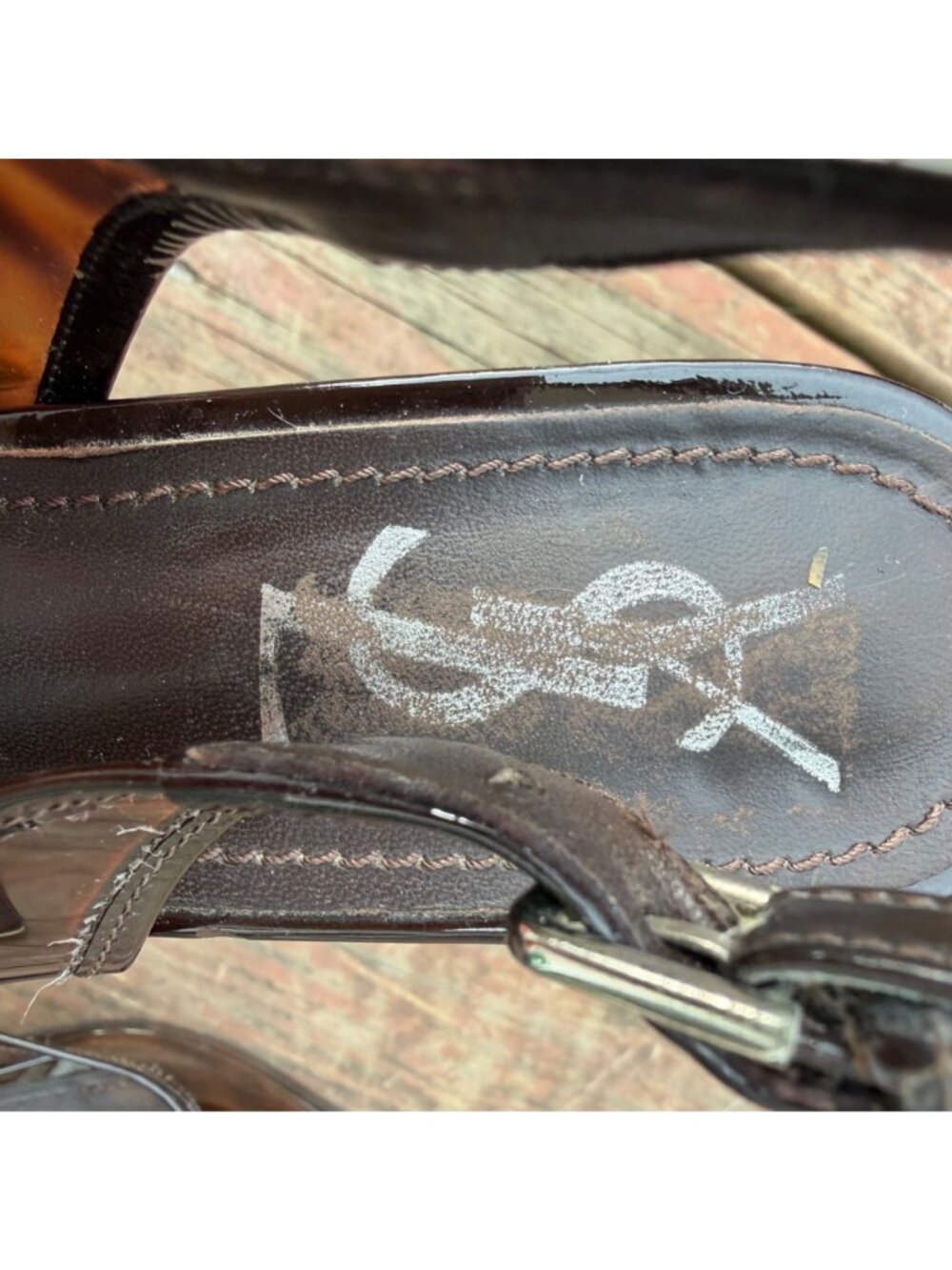 Yves Saint Laurent Brown Patent Leather Wedge Sandals With Adjustable Straps & P - Picture 7 of 9